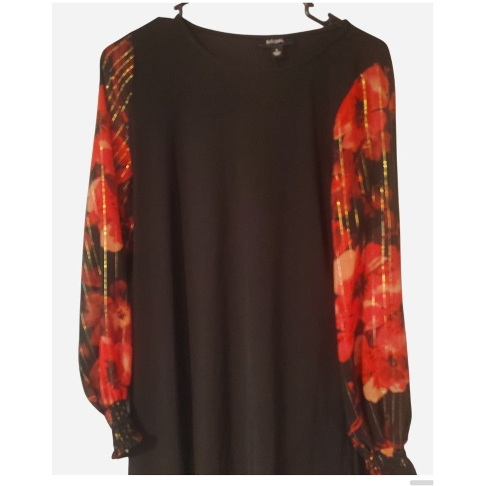 MSK Black Shift Dress Red Floral Sheer Balloon Sleeve Gold Metallic Stripe S